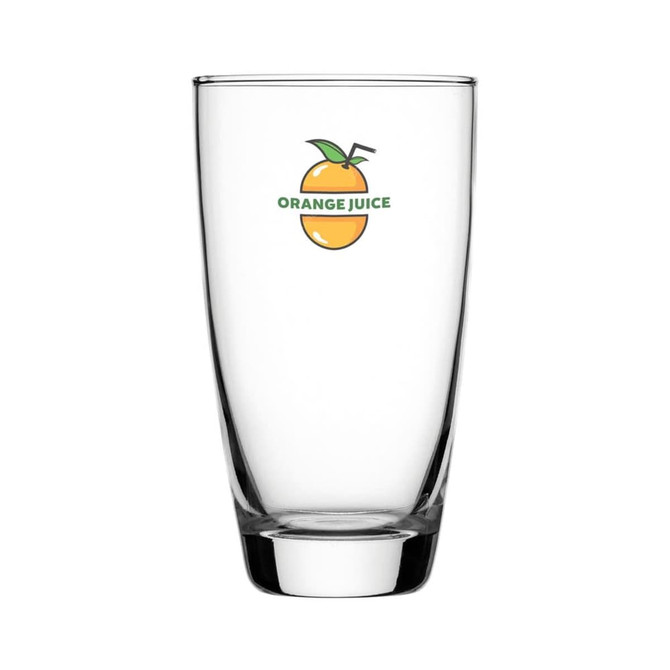 A clear glass hi-ball with a logo featuring an orange fruit. The glass has a wide base and smooth finish.