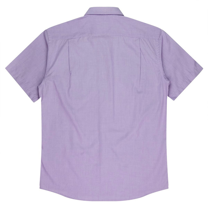 A short sleeve button-up shirt in light purple, featuring a plain back design and a collar, with a logo present.