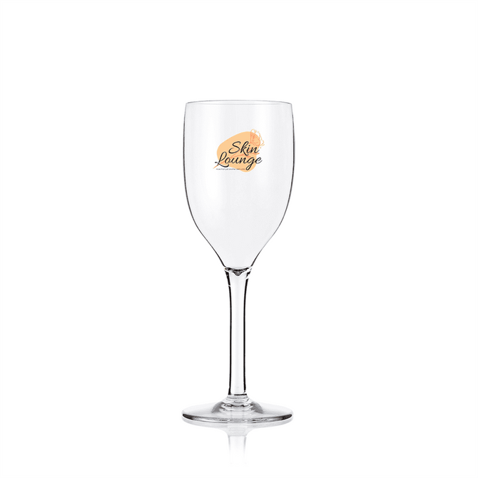 A drink bottle resembling a wine glass, clear with a slender stem and featuring a logo.