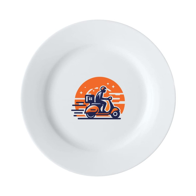 A white 23cm entree plate featuring a vibrant illustration of a scooter rider against a sunset backdrop.