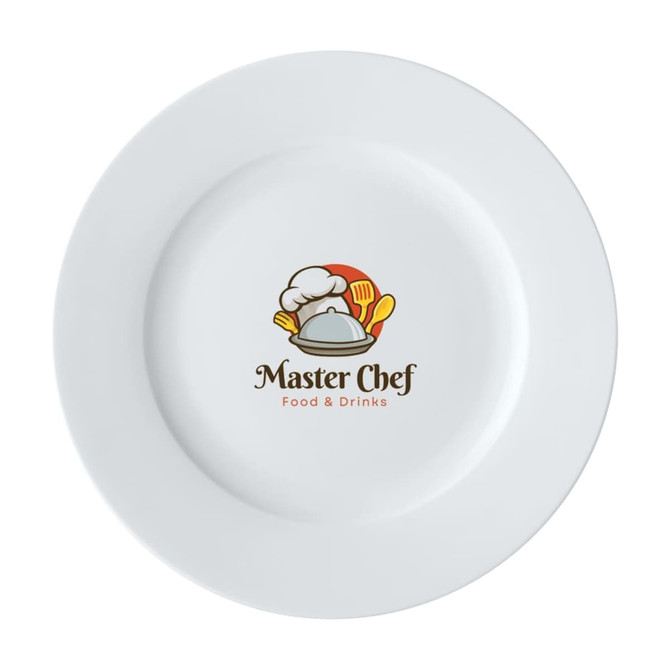 A white dinner plate, 27.5cm in diameter, featuring a logo in the centre with cooking utensils and a chef's hat.
