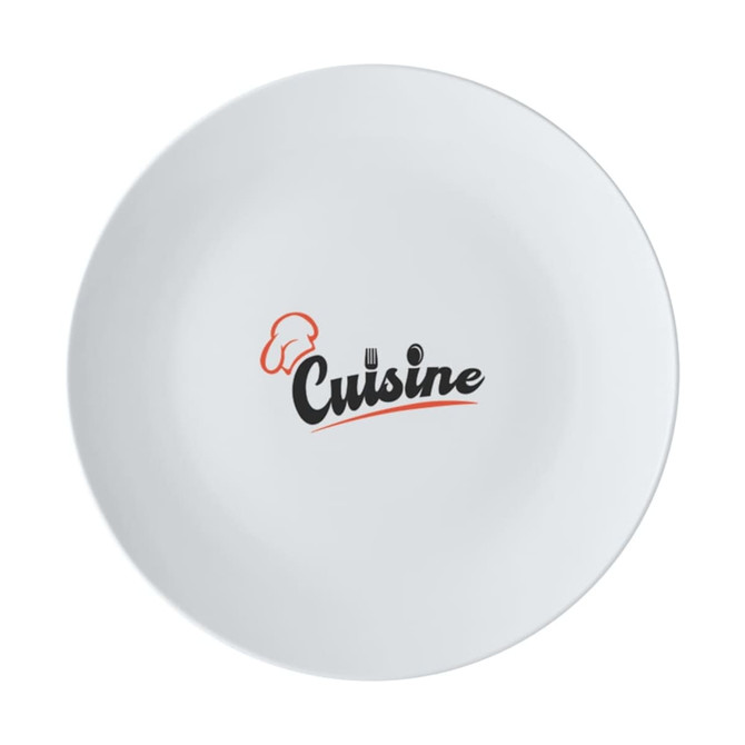 A white coupe entree plate, 23cm in diameter, featuring a logo design in the centre.