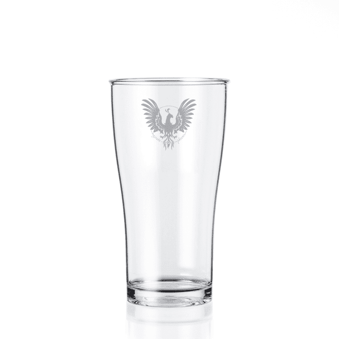 A clear beer glass with an engraved design of a phoenix, featuring a sleek, tall shape.