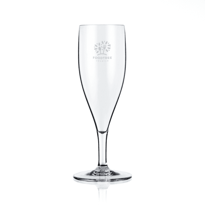 A clear plastic flute with a tall stem and a branded logo, designed for beverages.