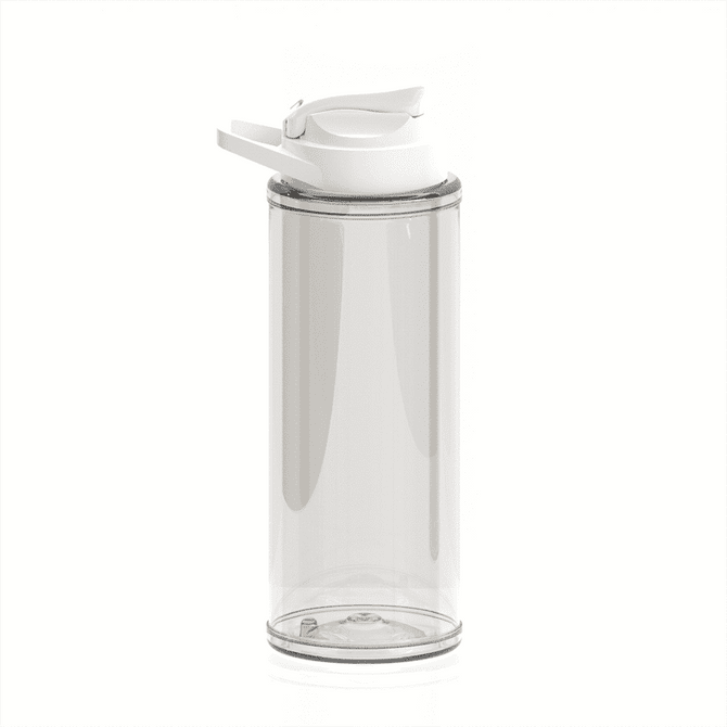 A drink bottle with a transparent body and a white flip lid, featuring a logo. Holds 800ml.