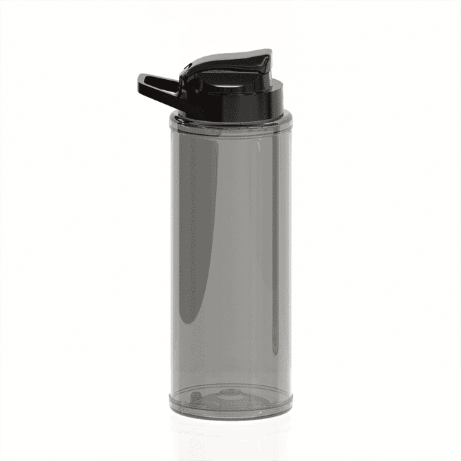 A drink bottle in a smoky grey colour with a black flip-top lid and a logo on the side.