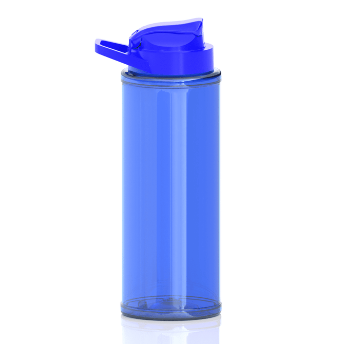 A drink bottle in transparent blue with a blue cap and a flip-top lid. Features a logo.