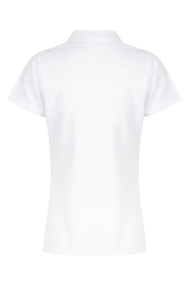 A white polo shirt with a collar and short sleeves. The back view is displayed, featuring a logo.