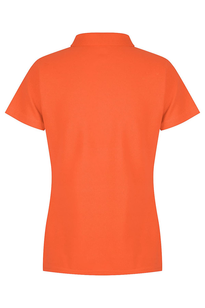 An orange polo shirt with a classic collar and short sleeves. The back features a plain design and a branding logo.