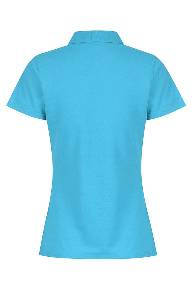 A turquoise polo shirt featuring a classic collar and short sleeves, with a brand logo on the back.