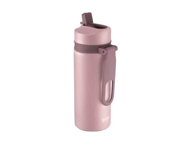 A drink bottle in a soft pink hue with a fitted lid and carrying handle, featuring a logo.