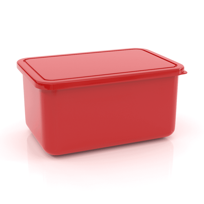 A large red lunch box with a matching lid, featuring a sleek, smooth surface and a simple design.