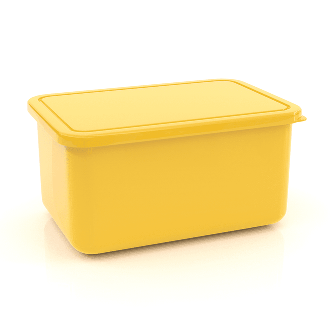 A large yellow lunch box with a flat lid, featuring a simple design and smooth surface.