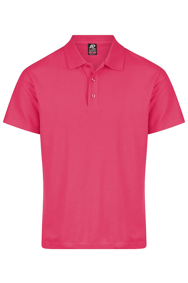 A pink polo shirt featuring a collar and three buttons, with a logo on the label.