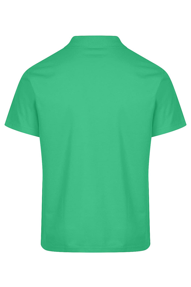 A green polo shirt with a collar, featuring a branding logo on the back.