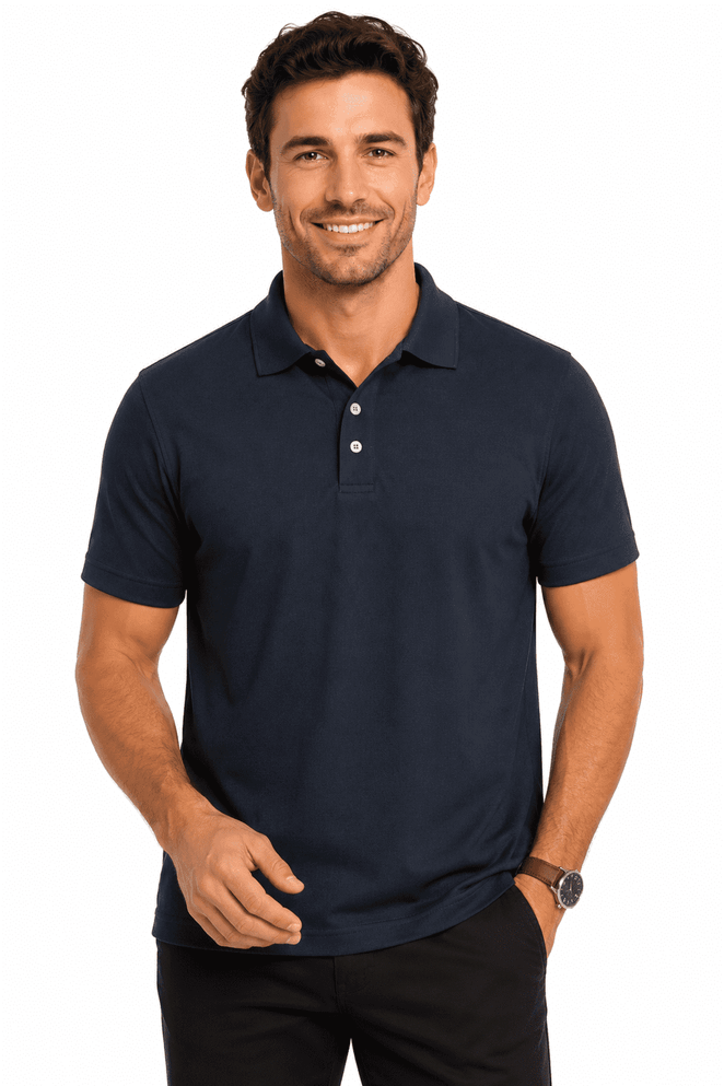 A navy polo shirt for men featuring a collar, buttons, and a logo on the chest.