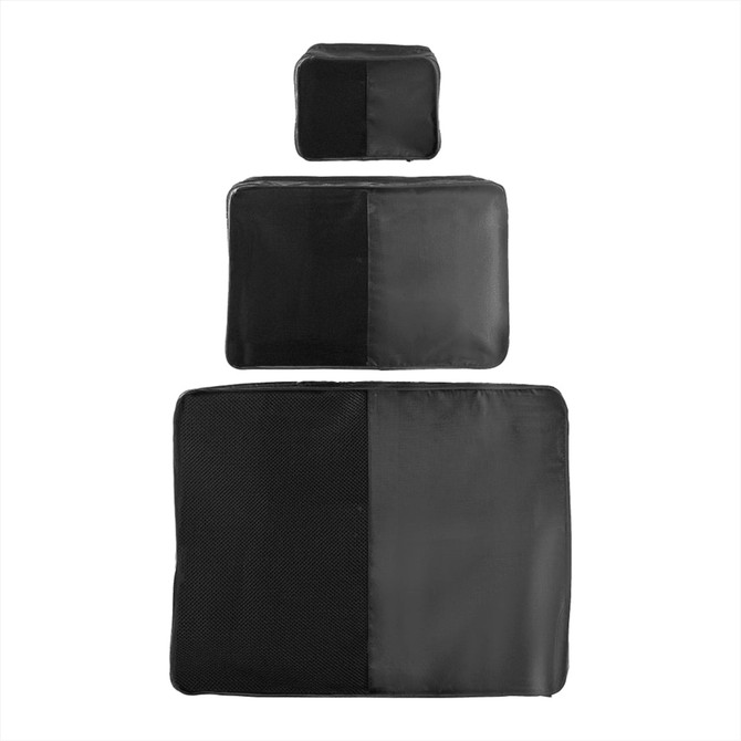 Three black packing cubes in varying sizes, featuring a mix of smooth and mesh fabric textures.