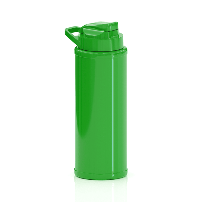 A drink bottle in bright green with a screw-on lid and a handle, featuring a logo.