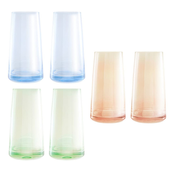 A set of two highball glasses in blue, green, and gradient shades of peach, gift boxed for presentation.