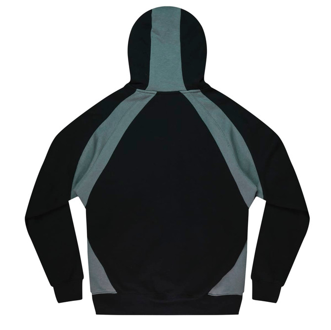A hoodie in black and grey with a colour-block design and a hood. It features a logo on the front.
