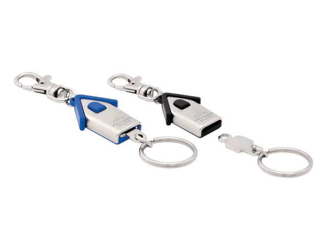 A keyring featuring a house-shaped design with blue and black components, including a metal clip and keyring attachment.