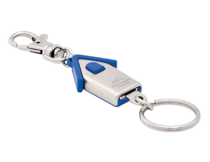 A keyring featuring a house-shaped design in silver and blue, with a metal clip and keyring attachment.