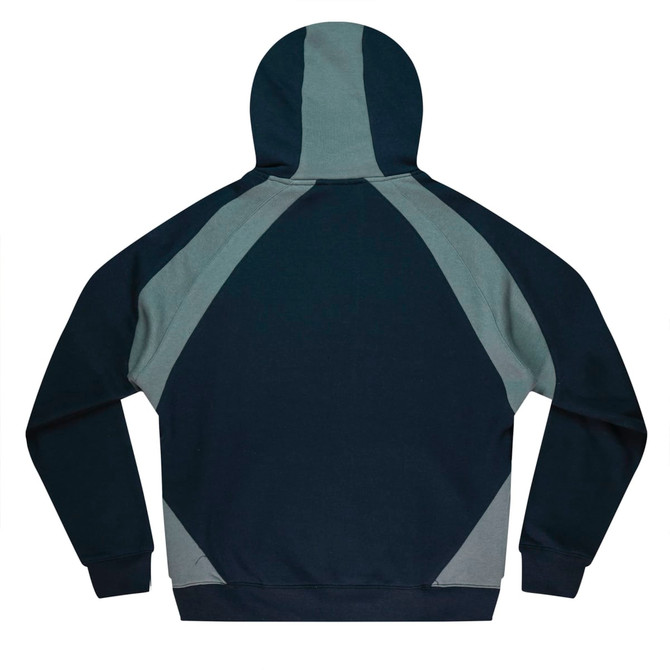 A men's hoodie featuring a combination of dark green and light grey panels, with a hood and ribbed cuffs.