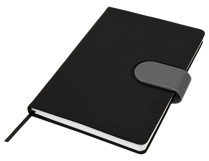 A black Cordoba A5 notebook with a grey elastic closure and a ribbon bookmark. It features a smooth finish.