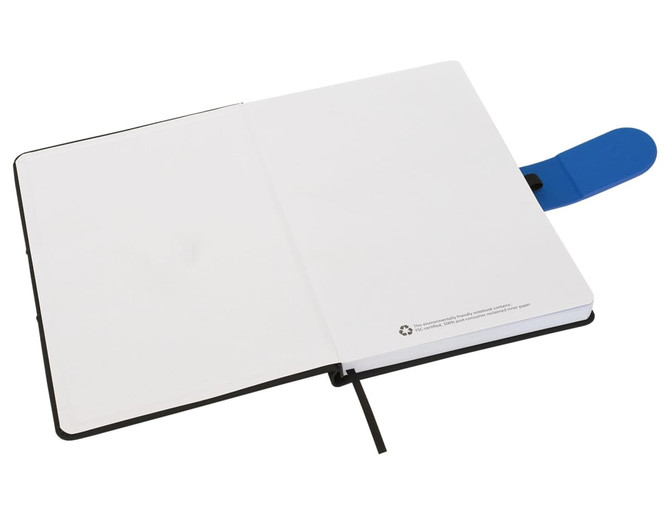 An A5 notebook with a black cover, blue elastic band closure, and blank white pages inside.