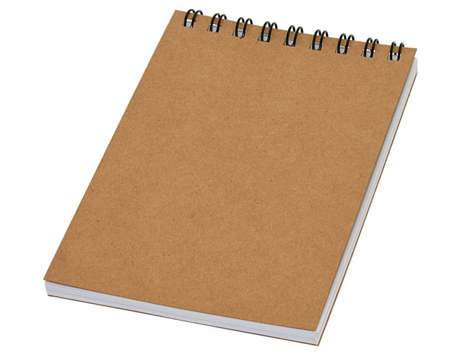 A brown pocket spiral notebook with a plain cover and white pages. It features metal wire bindings.