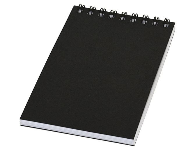 A black pocket spiral notebook with a wire binding and blank pages. Ideal for notes or sketches.