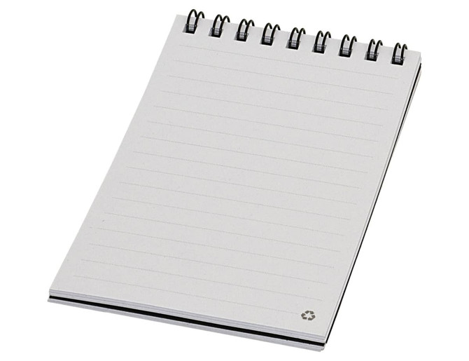 A grey pocket spiral notebook with lined pages and a logo in the corner.