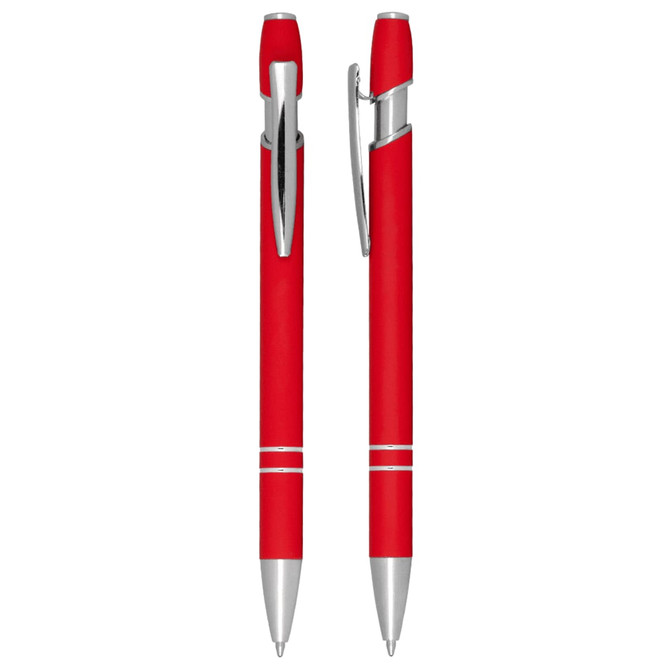 A red ballpoint pen with silver accents and a click action mechanism. Features a clip and sleek design.