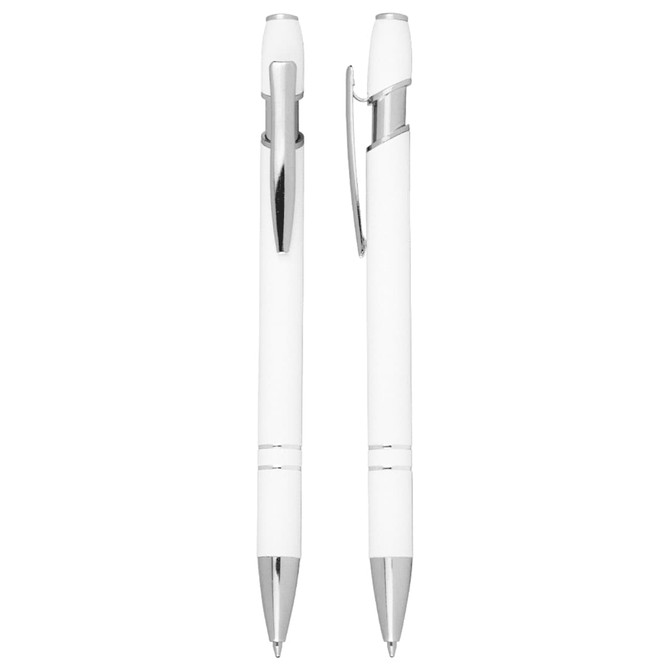 A white Talara Click Action Ballpoint Pen with chrome accents, featuring a sleek design and a clip.