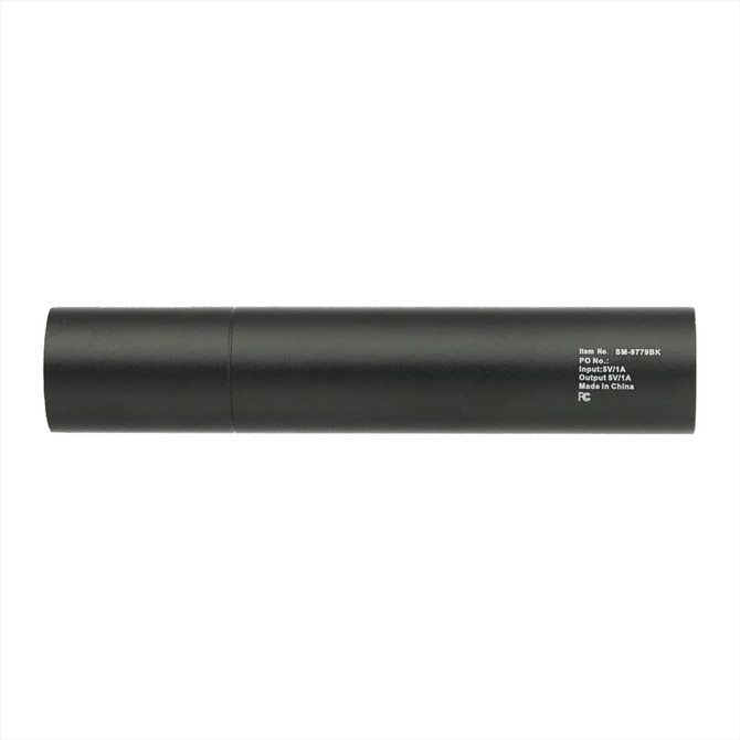 A sleek black rechargeable flashlight with a cylindrical shape, featuring a branding logo.