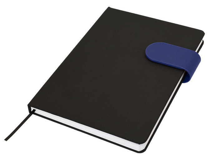 A black A5 notebook featuring a blue elastic band closure and a ribbon bookmark, with a smooth textured cover.