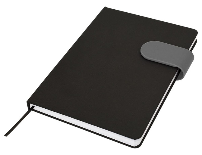 A black A5 notebook with a gray strap closure and a ribbon bookmark, featuring a logo on the cover.