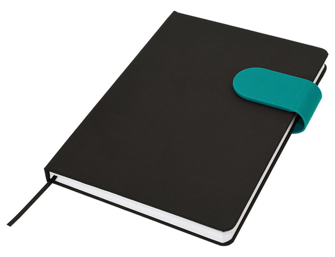 A black A5 notebook with a turquoise elastic band closure and a ribbon bookmark. It features a logo on the cover.