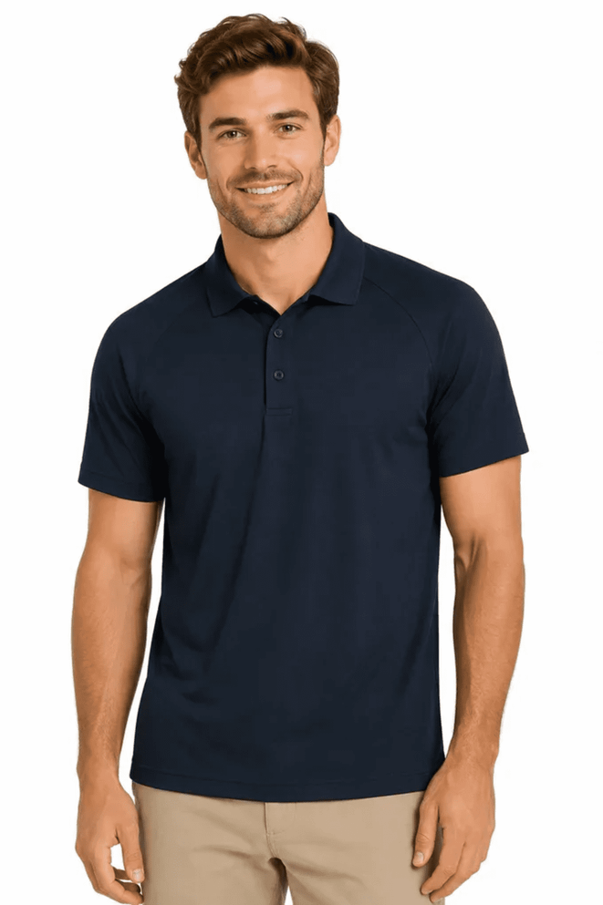 A navy blue polo shirt for men, featuring a collar and short sleeves, with a small logo on the chest.
