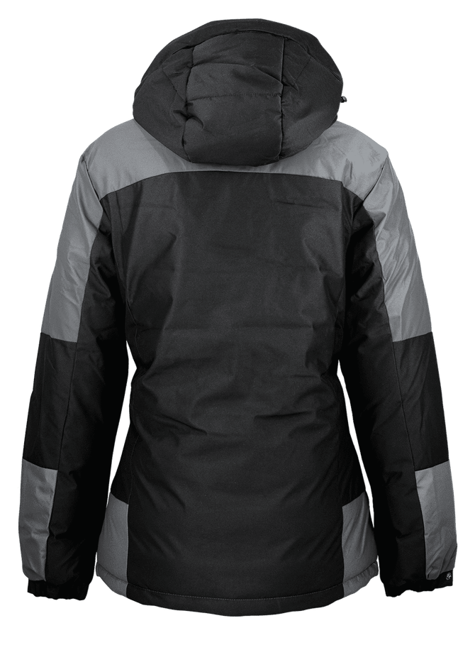 A women's jacket featuring a hood, primarily black with grey accents, showcasing a modern design.