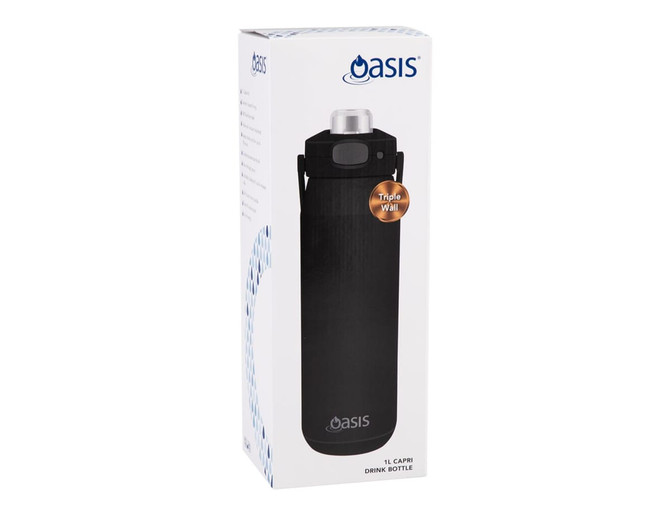 A drink bottle in black with a stainless steel lid, featuring a triple-wall design and an attached carrying handle.