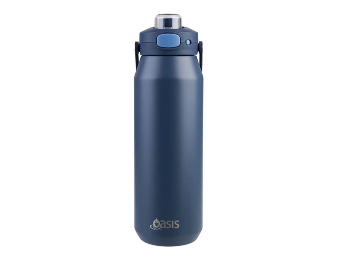 A drink bottle in navy blue featuring a quick release lid and a logo on the front, designed for easy hydration.