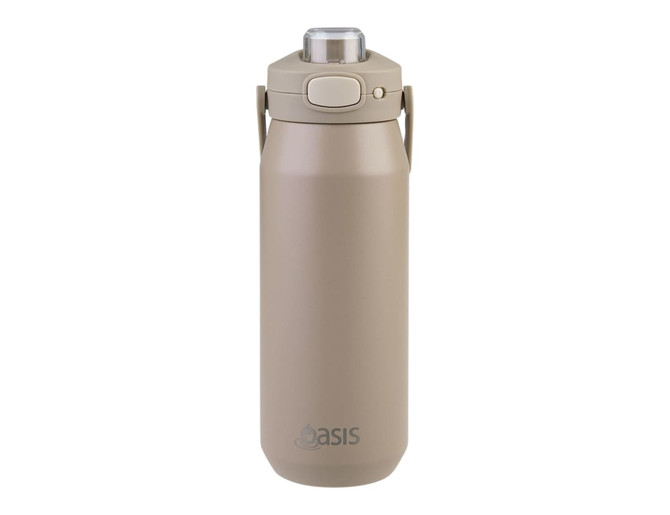 A drink bottle in a light beige colour with a quick release lid and a handle, featuring a logo.