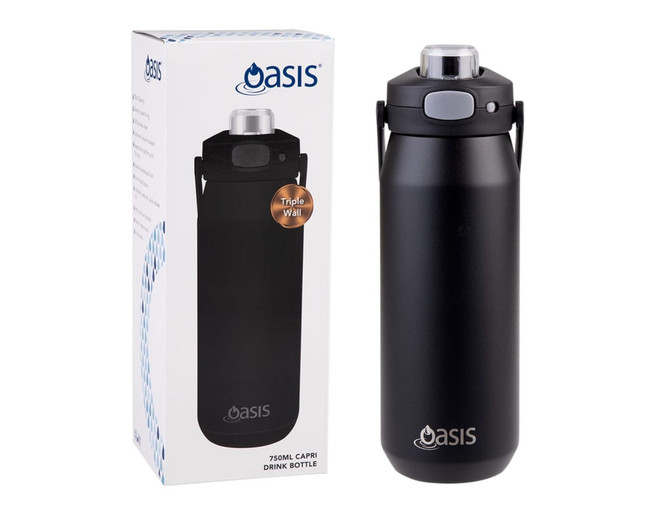 A drink bottle in black, featuring a vacuum quick release lid, displayed next to its packaging with a logo.