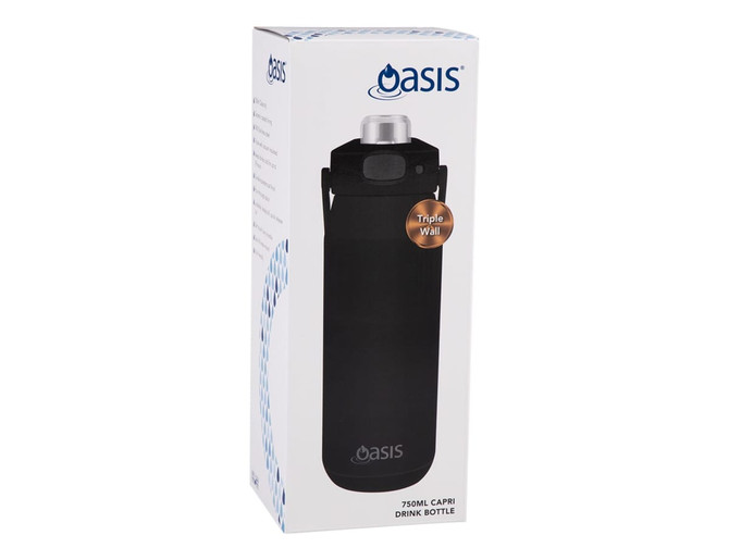 A drink bottle with a black exterior and a quick release lid, featuring a triple wall design and a logo.