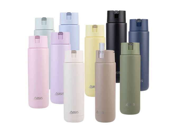 A drink bottle collection featuring various colours, including pink, purple, yellow, black, beige, and green. Each has a logo.