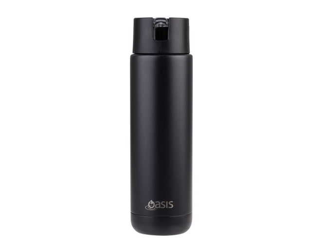 A drink bottle in matte black, featuring a lid and a logo, designed for vacuum insulation.