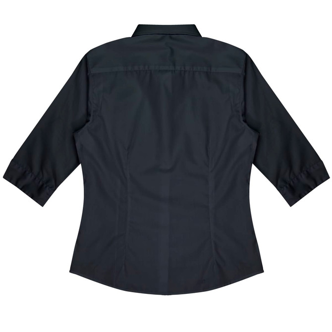 A dark shirt with 3/4 sleeves and a fitted design, featuring a back yoke and a logo.