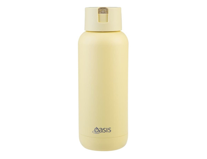 A drink bottle in soft yellow with a screw top and a logo on the front.
