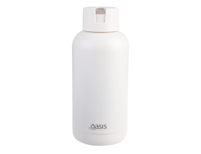 A drink bottle in white with a flip-top lid and a small branding logo near the base.